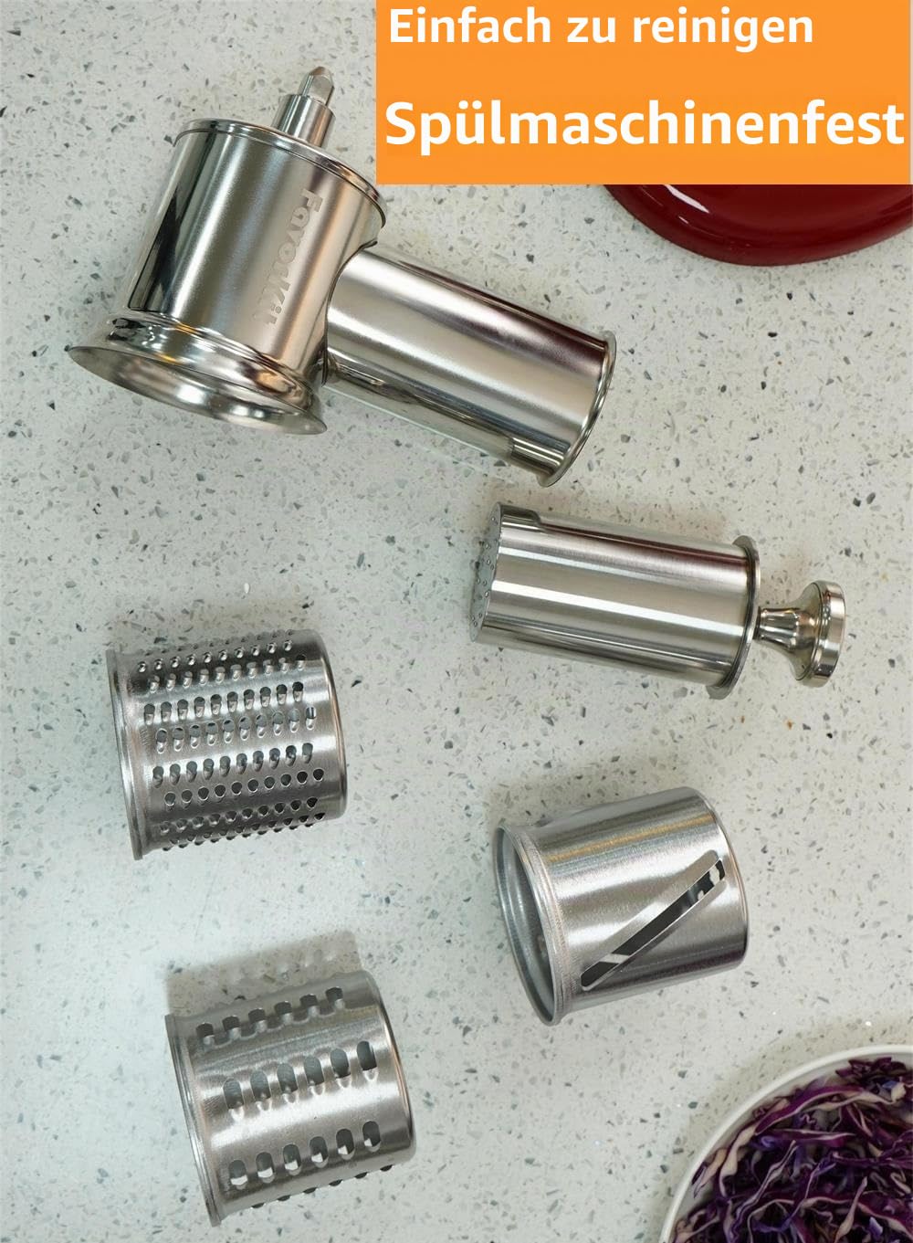 FavorKit Fresh Prep Slicer Shredder Aufsatz für KitchenAid Standmixer, Edelstahl, große Salatmaschine, Käsereibe, Zubehör mit 3 dicken Klingen, spülmaschinenfest