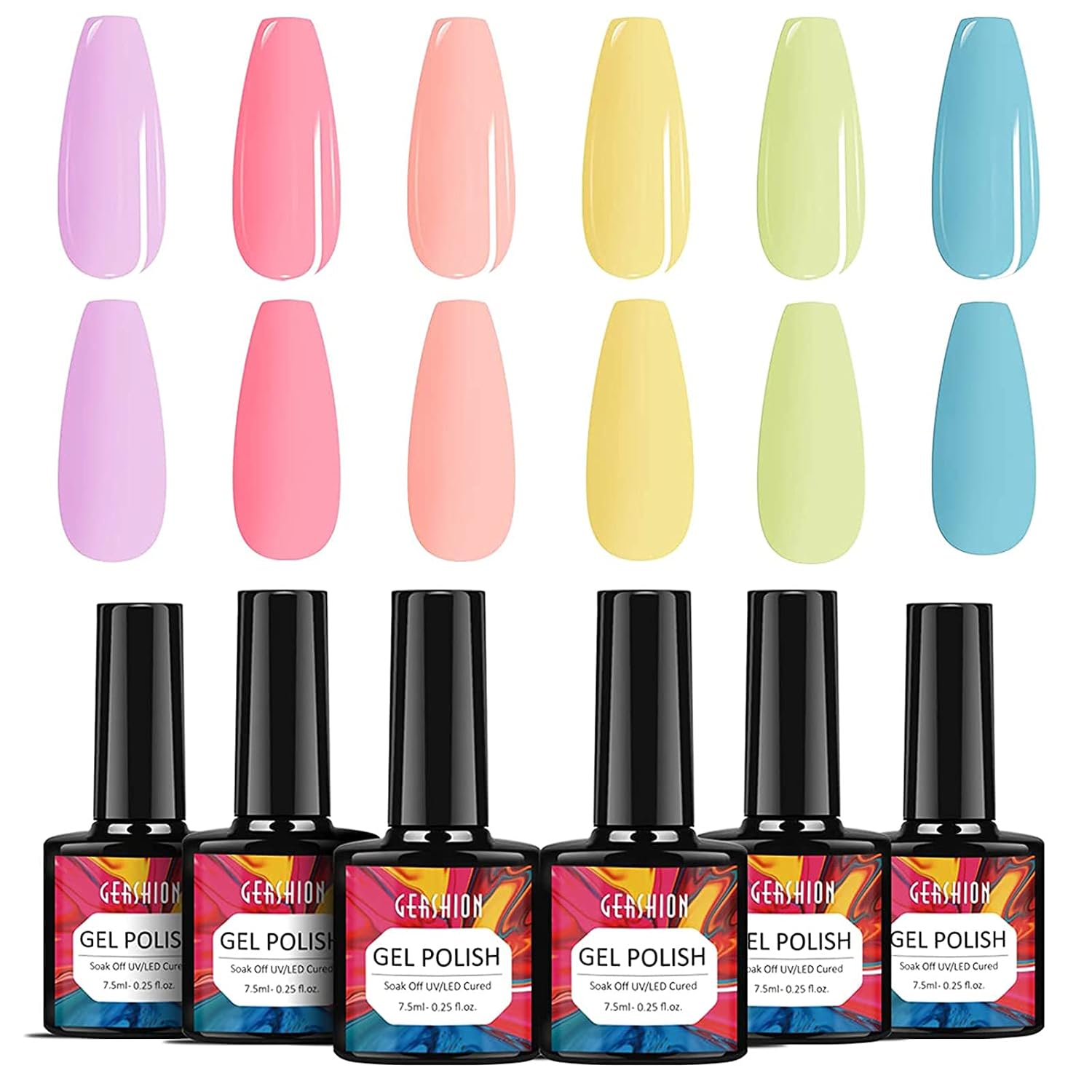 GERSHION Pastel Gel Nail Polish Set, 6 Colors Gel Polish Set, Soak Off UV Lamp Gel Polish Kit, Nude Pink Yellow Green Color Nail Polish Kit, 7.5ml Gel Polish Kit H-10