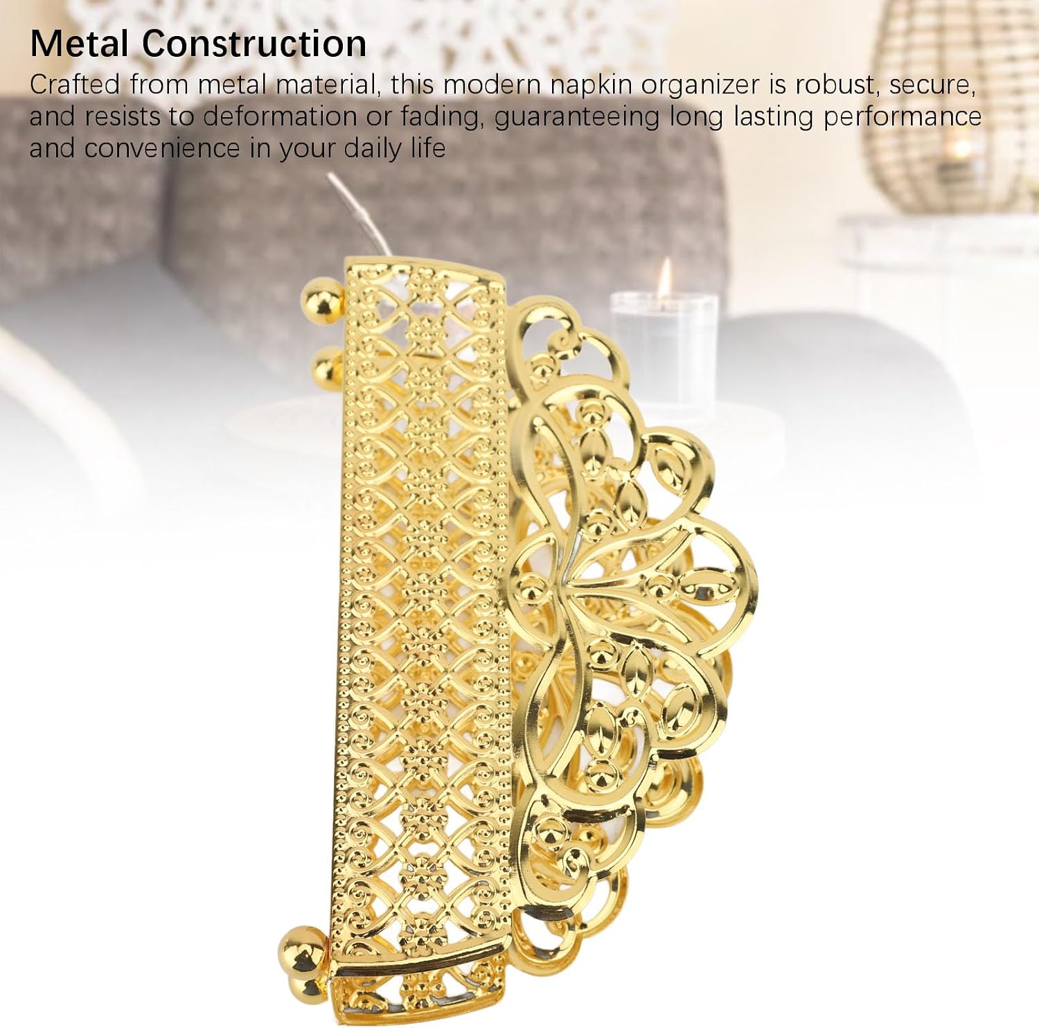 Standing Napkin Organizer, Anti Corrode Iron Material Versatile Uses Robust Metal Construction Desk Napkin Holder for Hotel Restaurant(Gold Plaid Pattern) (Grid Pattern) image 3