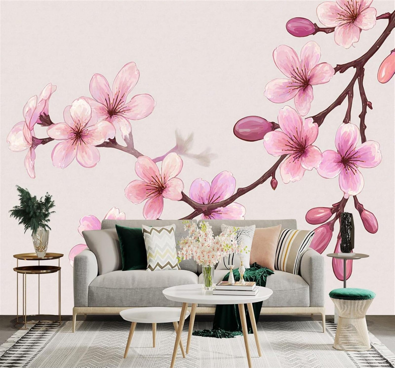 XLMING Simple Beautiful Pink Cherry Blossom Branch 3D Wallpaper Silky Texture Home Study Office Grey Dining Room Sofa Bedroom Living Room TV Backdrop-150cm×105cm