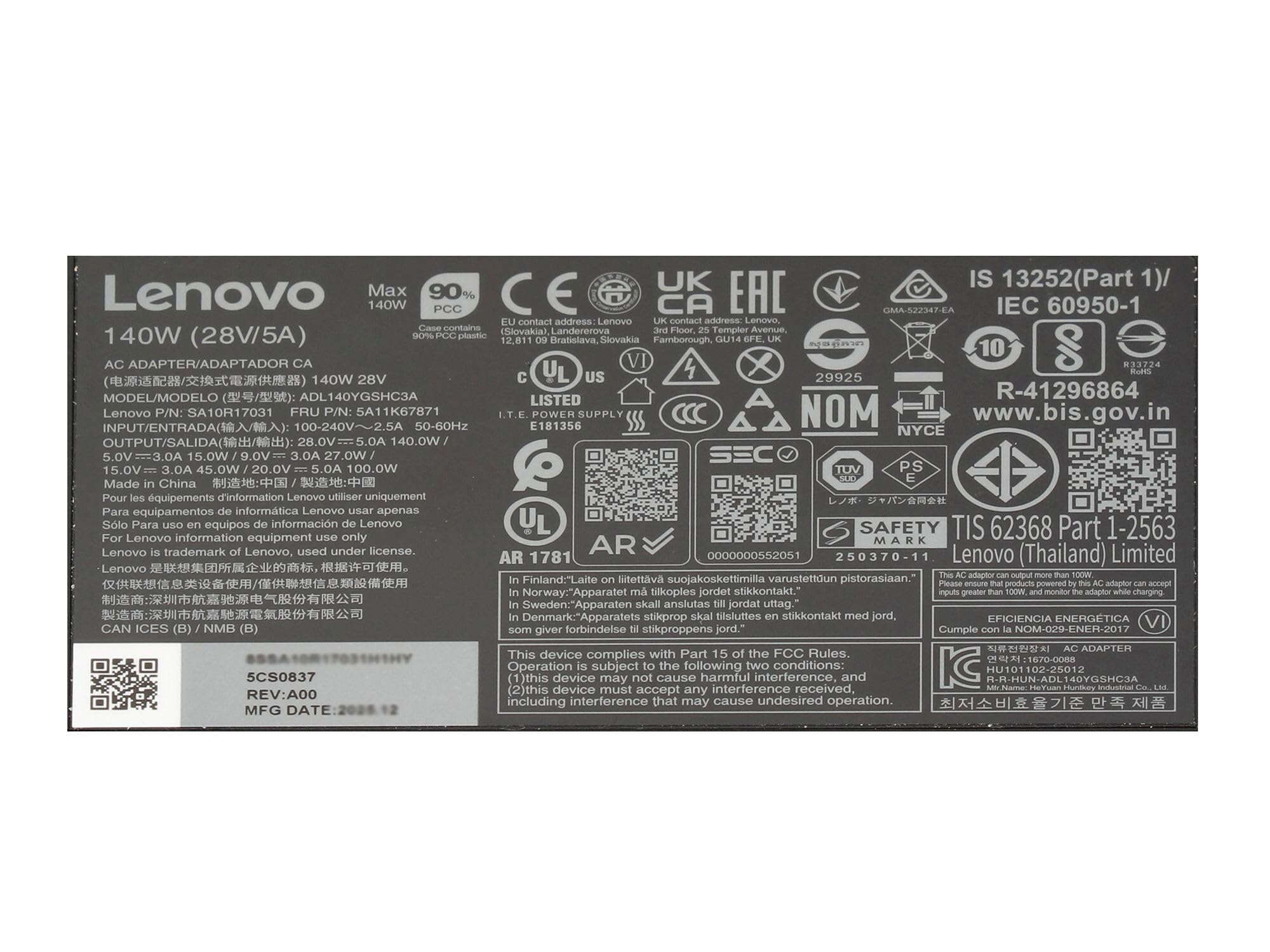 Lenovo 5A11K67871 originale USB-C GaN-alimentatore 140 watt