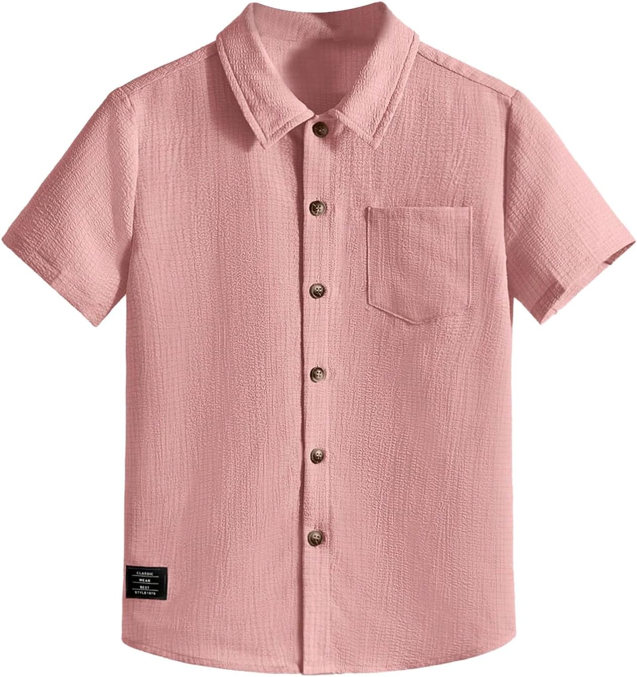 OYOANGLE Boy's Short Sleeve Button Down Shirt Textured Collared Casual Uniform Top