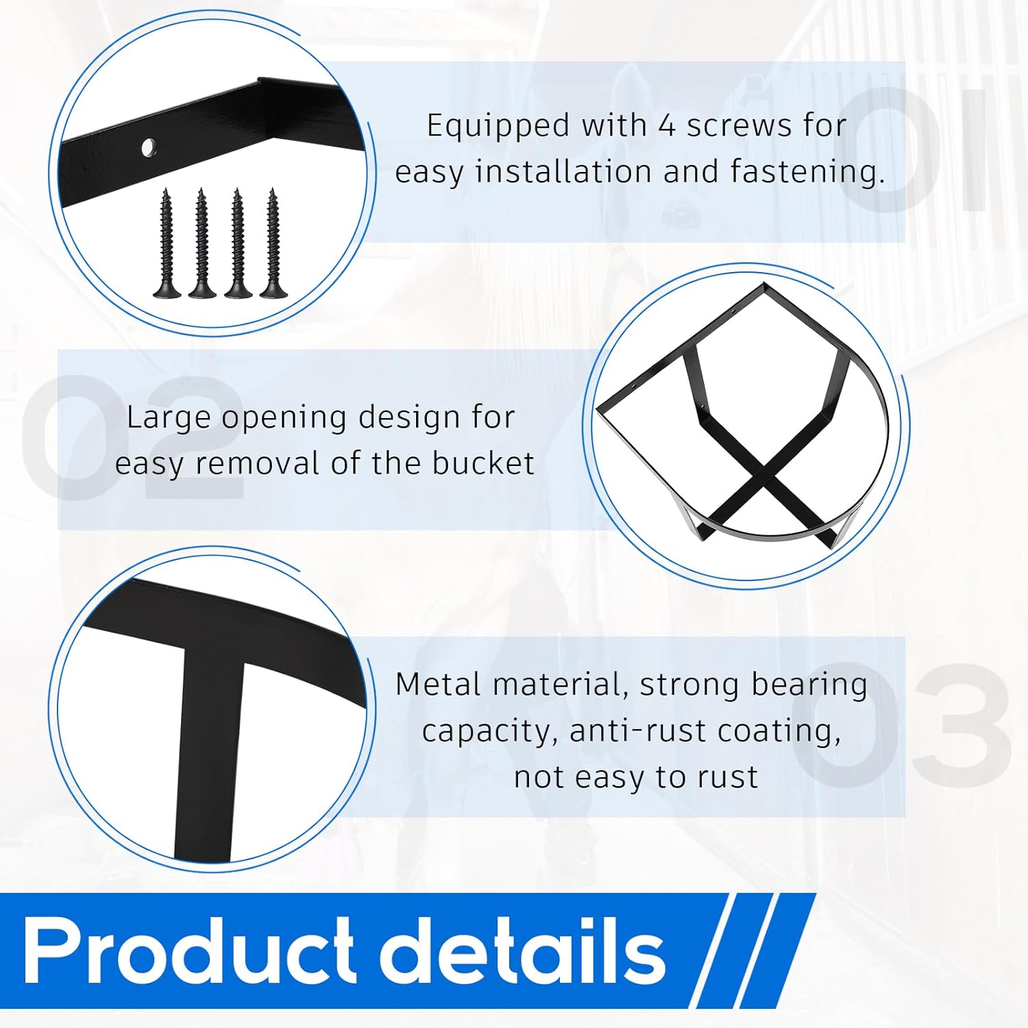 4 Pcs Heavy Duty Metal Bucket Holder 5 Gallon Horse Water Feed Bucket Holder Pre Installed Pail Accessories Wall Mount Hang Organizer for Horse Stalls Barn Farmhouse Supplies