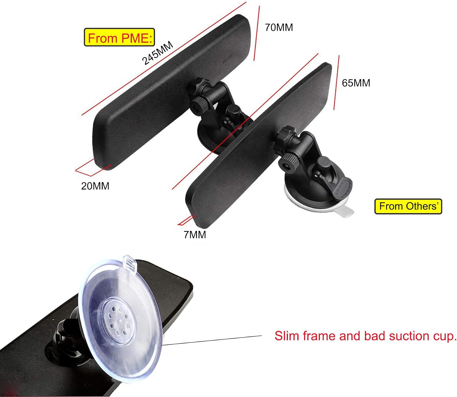 9.8" Day/Night Rearview mirror, universal, suction cup, for various SUVs, trucks, sedans, and golf cars - Deluxe Version, Plain Mirror