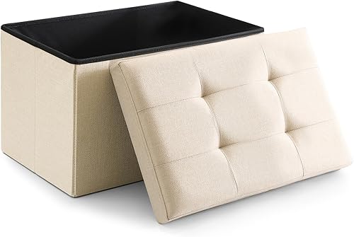 CUYOCA Otomano de Almacenamiento Cúbico Pequeño, Reposapiés Plegable, Asiento Cuadrado, Otomano Acolchado de Lino Beige