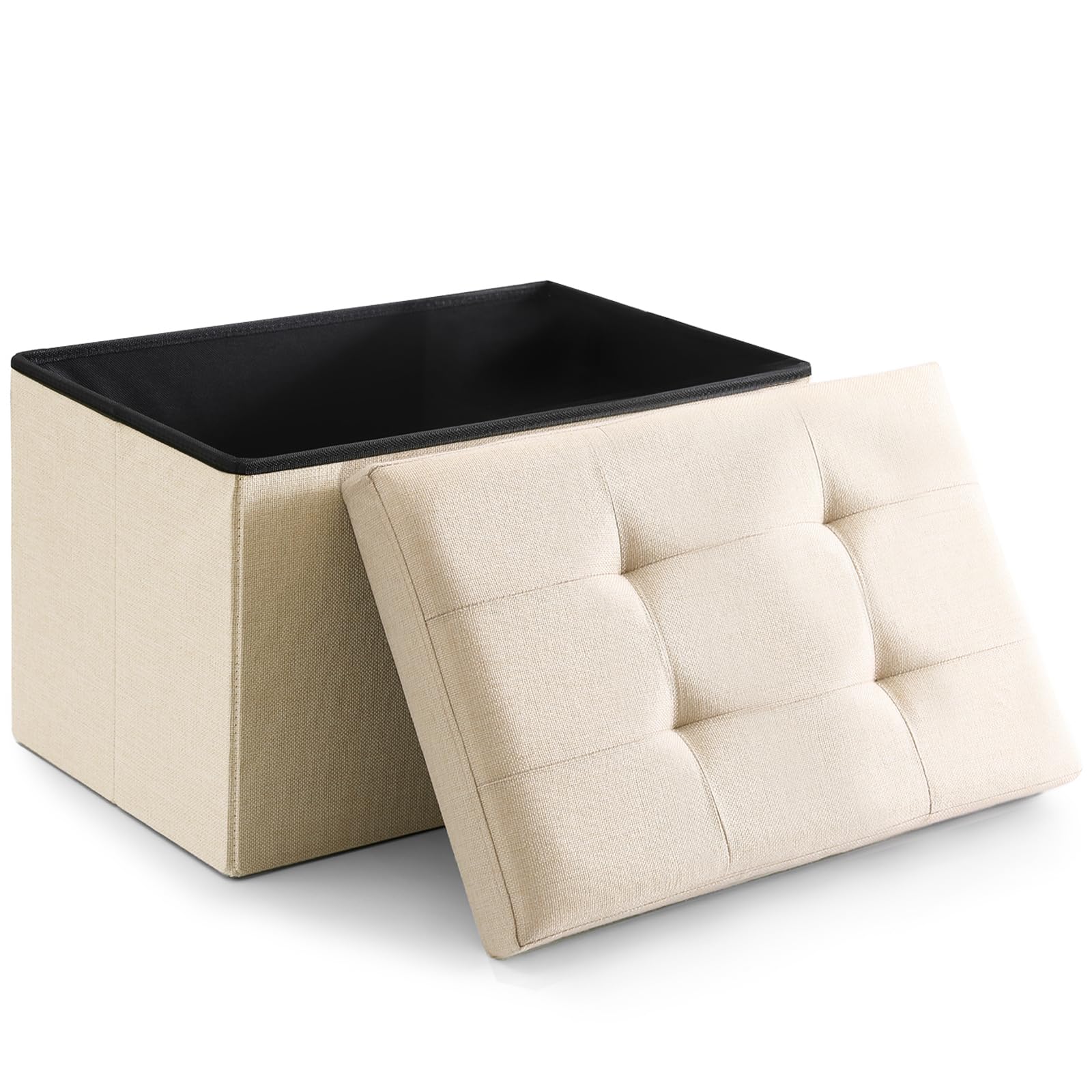 CUYOCA Storage Ottoman Cube Small Footrest Foldable Seat Foot Stools Square Tufted Ottoman Linen Beige