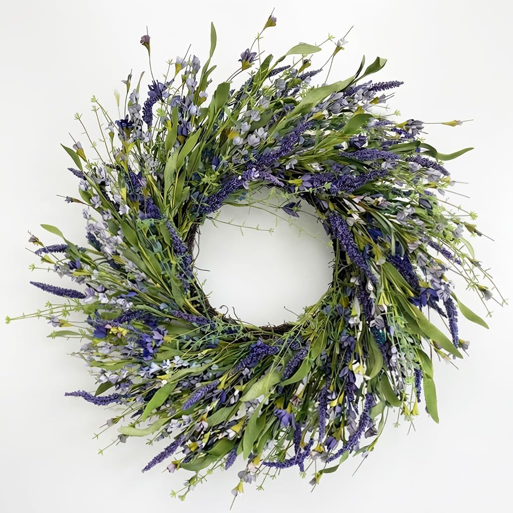 Jobflower 24 Inch Lavender Wreath for Front Door - Artificial Spring Wreath with Realistic Blue Berries - Lifelike Farmhouse Wall Decor for All Seasons
