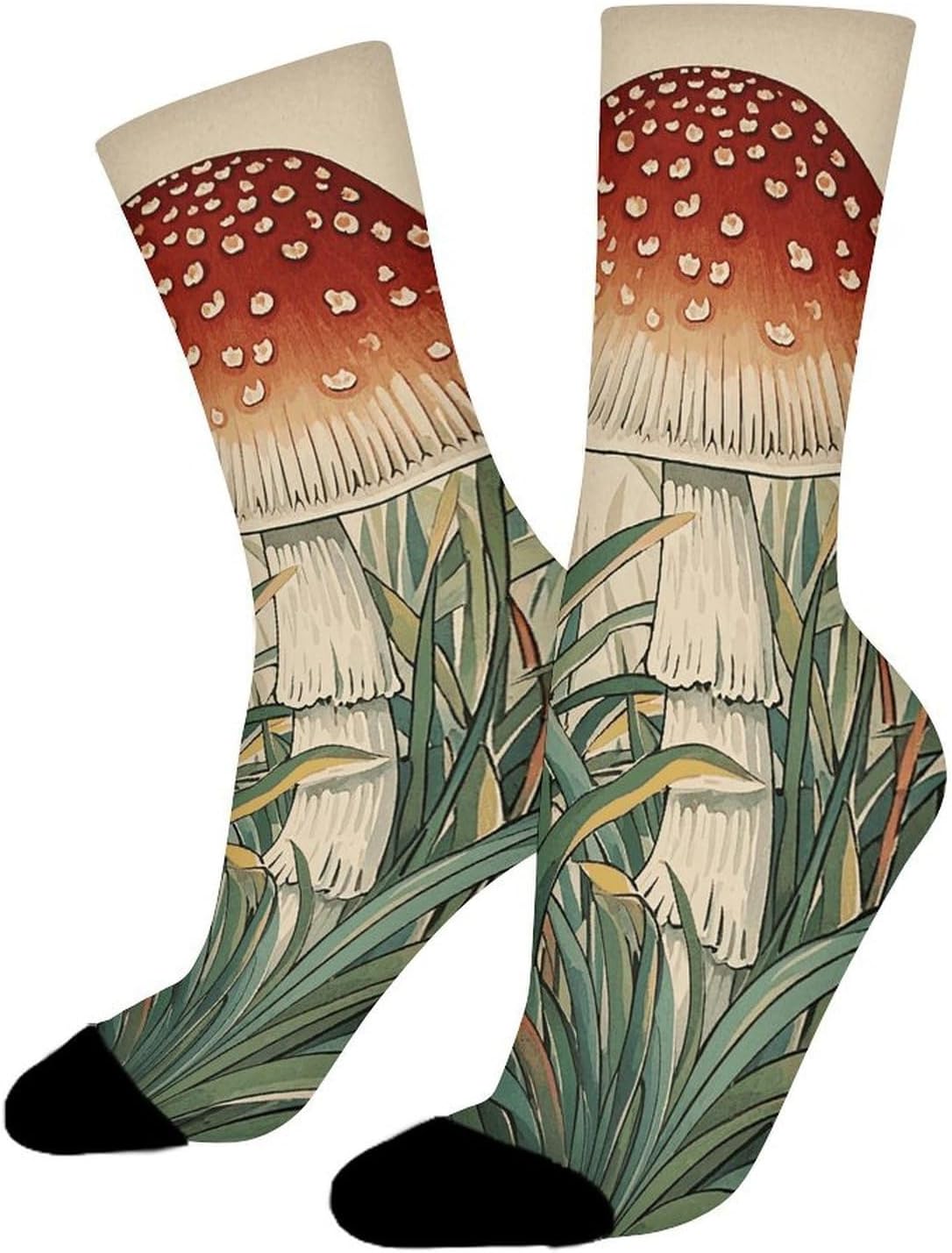 Moisture Wicking Socks, Breathable, Lightweight Crew Sock, Casual | Japanese Painting Mushroom Work Socks for Women Men, Elastic Soft Boot Socks for Travel, Seamless