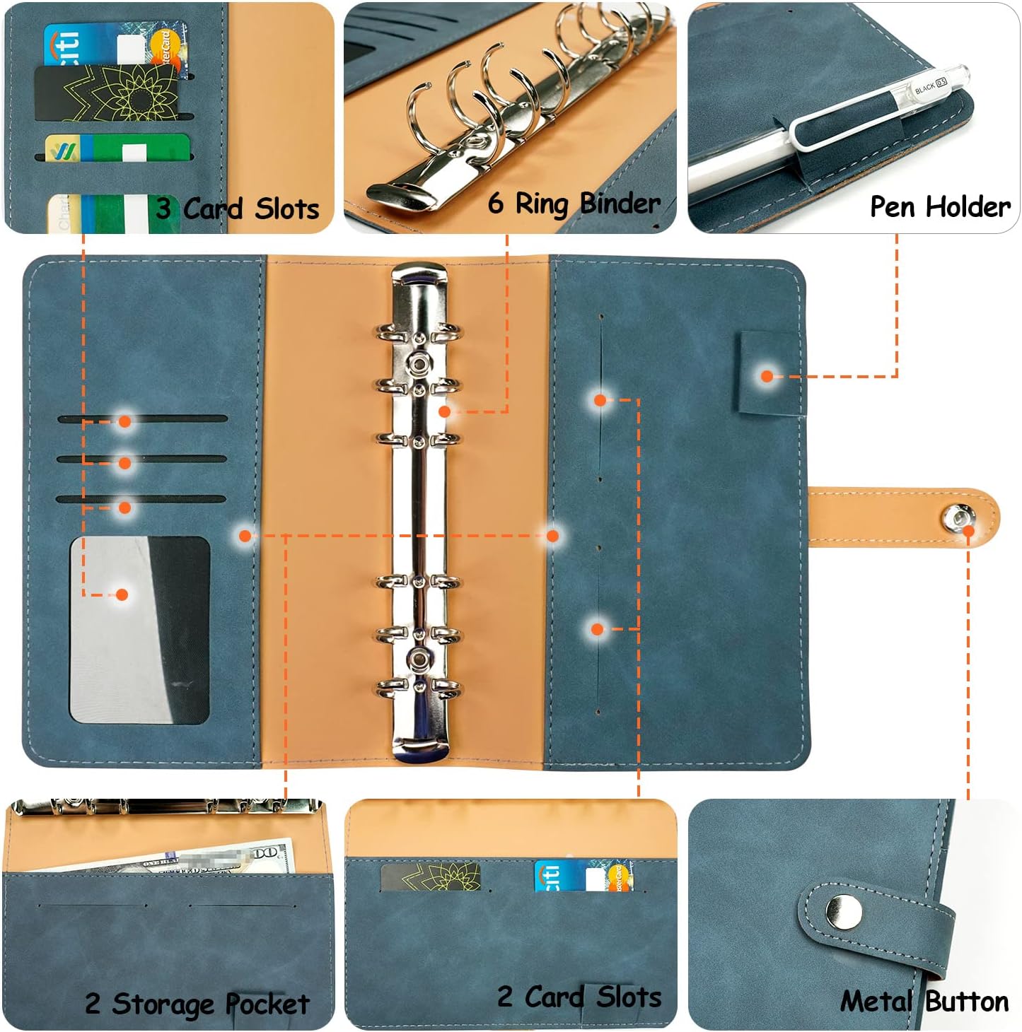 Budget Binder with Cash Envelopes System, A6 PU Leather Notebook Binder with 12pcs Cash Envelope 2 Card Slots & 32 Labels, Budget/Savings Binder with Envelope System,Money Book Organizer for Cash