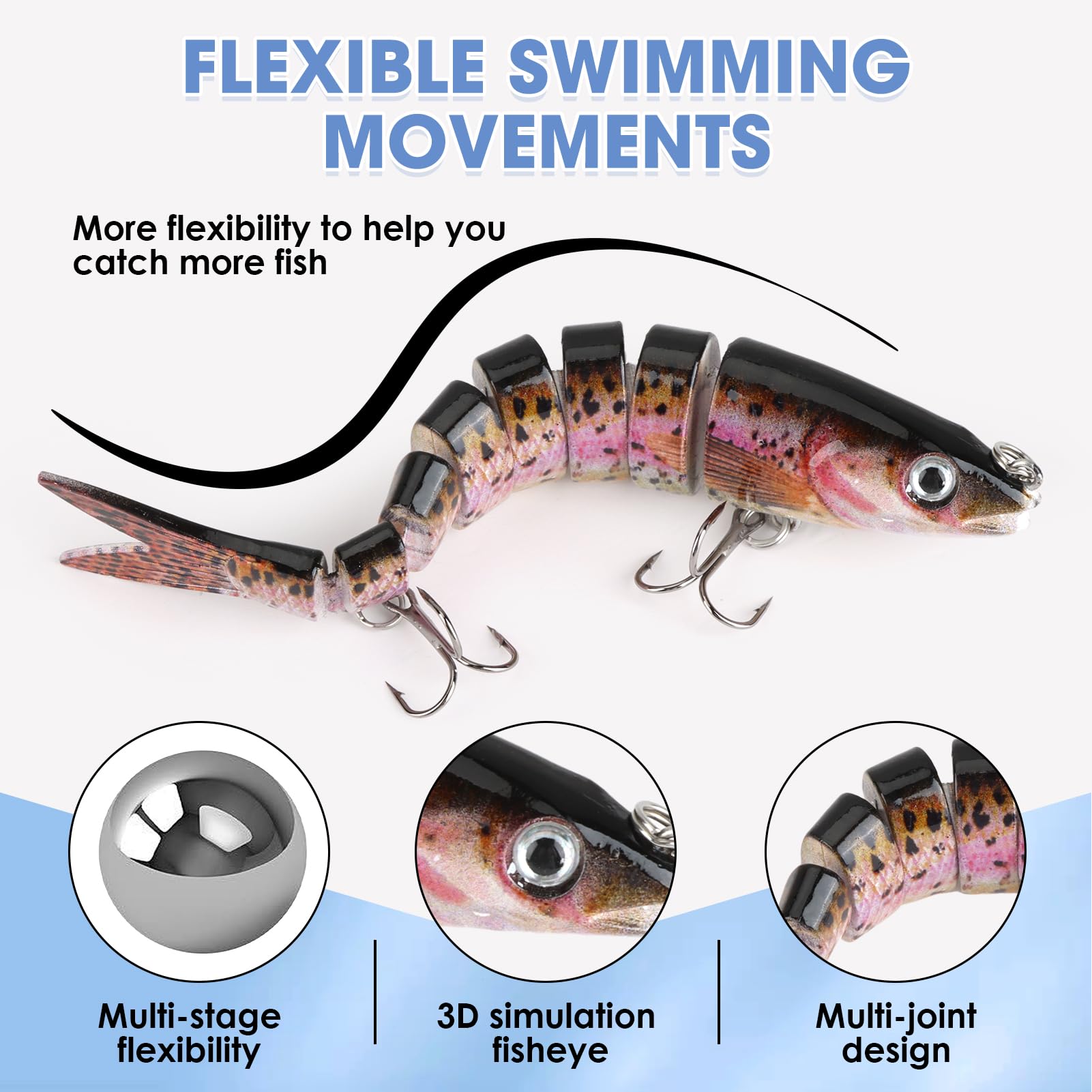 3 Pièces Leurre Peche Carnassier, Leurres de Pêche Bioniques à Couler Lent au Brochet Artificiel Leurres de Pêche Multi-articulés avec Hameçons Triples pour Carnassier Poisson Brochet Truite