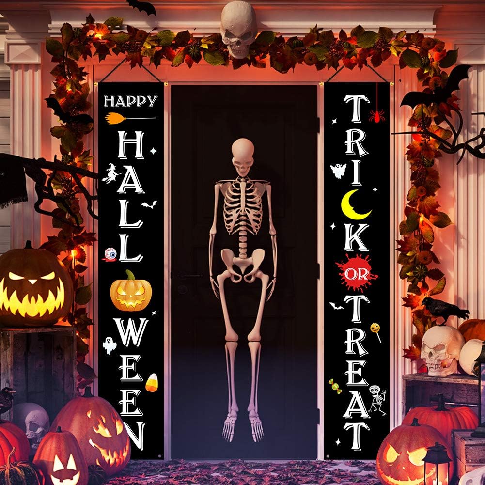 Olivilo Halloween Decorations Outdoor, Trick or Treat Banner, Happy Halloween Welcome Sign for Front Door Decor, Outdoor Welcome Signs for Porch Front Door Hanging Decor (Halloween Porch Sign)