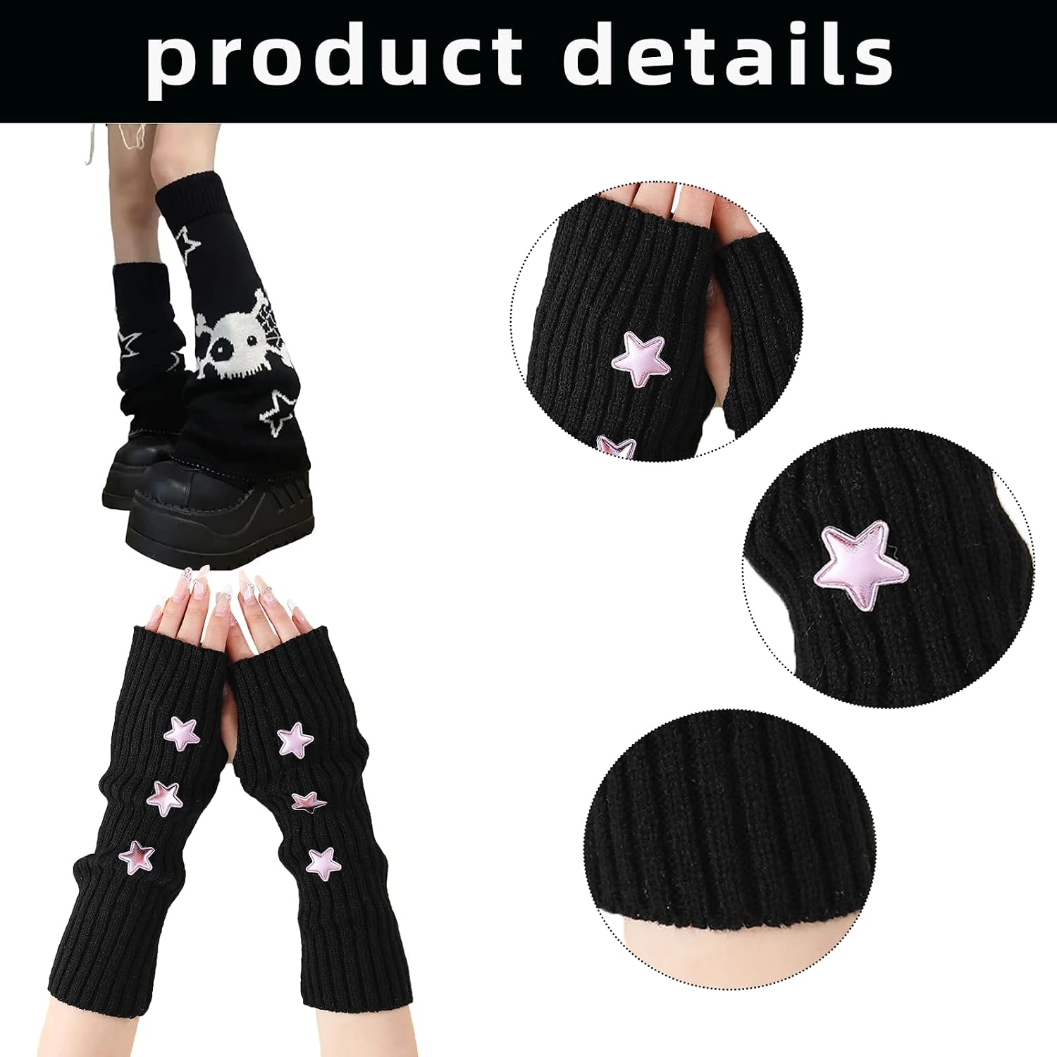 2 Pair Star Arm Warmers Y2k and Leg Warmers Y2k, Cute Black Arm Warmers Women, Harajuku Accessories, Black Japanese Clothes Style Fsahion Fingerless Cute Gloves for Girls