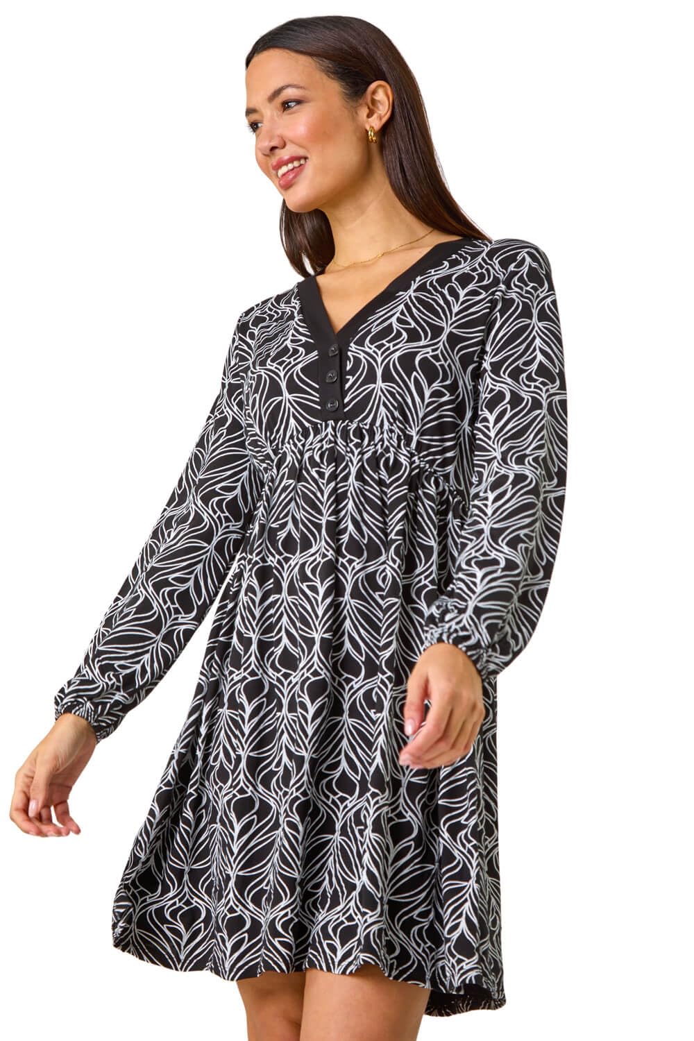 Roman Women's Black Geometric Print Buttoned Stretch Dress Size 20