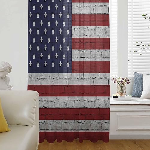 American Flag Window Curtains 54 Inches Long,Vintage Brick Wall Star