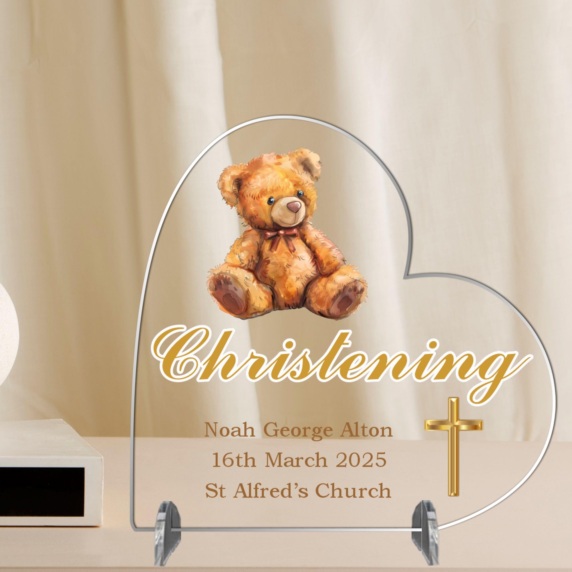 Baptism Gift for Boys & Girls - Personalised Christening, Communion or Confirmation Heart Plaque – Custom Baby Keepsake with Teddy Bear (Christening, Acrylic - Medium - 13.5cm x 13cm)