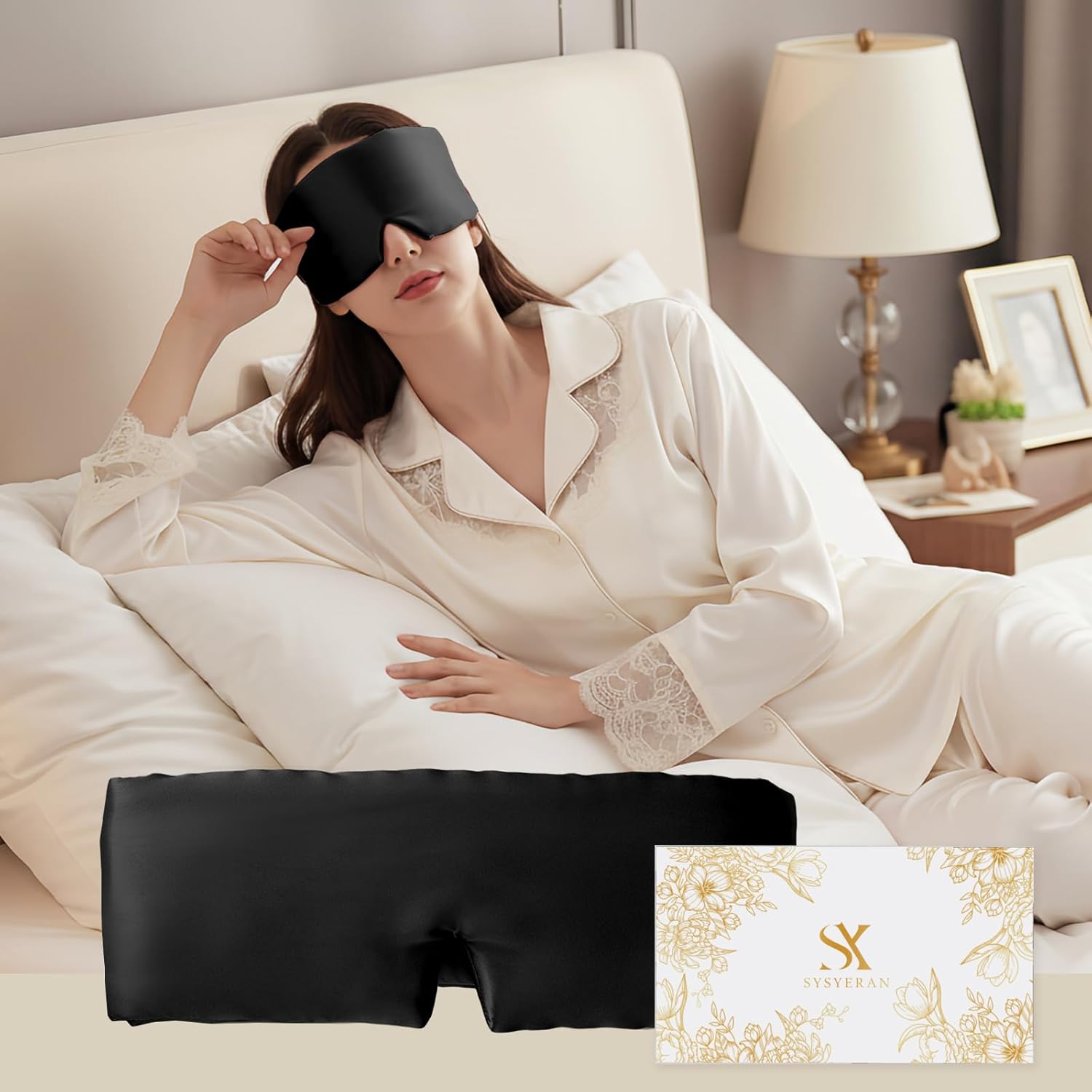 100% Mulberry Silk Sleep Mask, Eye Mask for Deep Sleep and Travel, Soft Breathable Eye Cover with Adjustable Headband (Black)