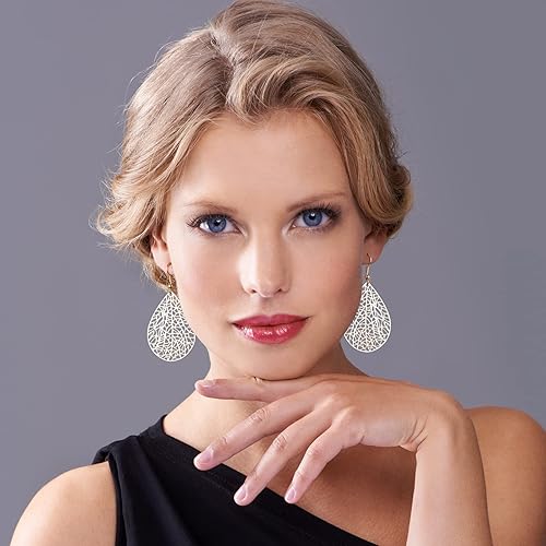 Vista 2 de 14K Gold Plated Silver Rose Gold Teardrop Filigree Dangle Earrings Lightweight Leaf Drop Earrings for Christmas Gift