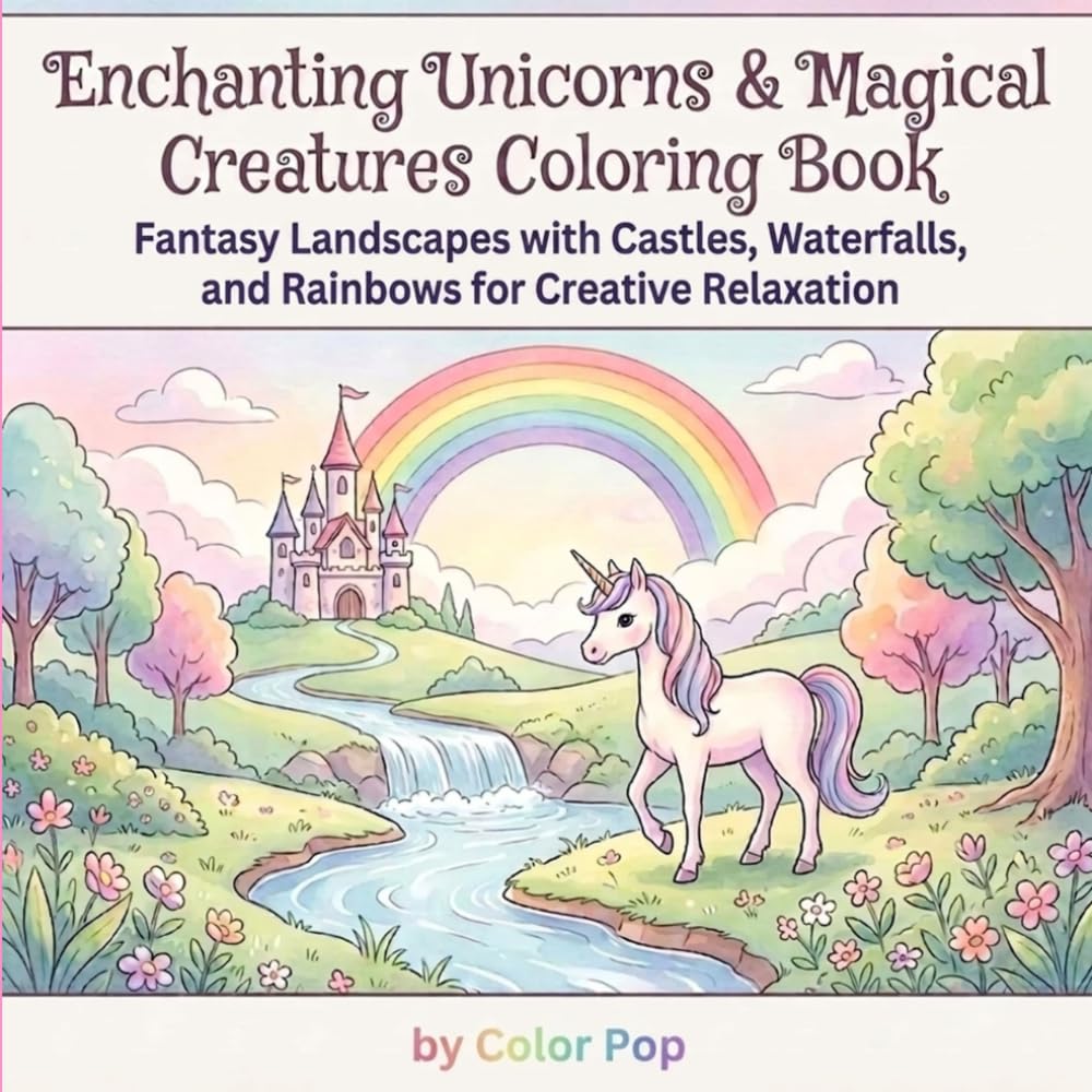 Enchanting Unicorns & Magical Creatures Coloring Book: Fantasy Landscapes with Castles, Waterfalls, and Rainbows for Creative Relaxation