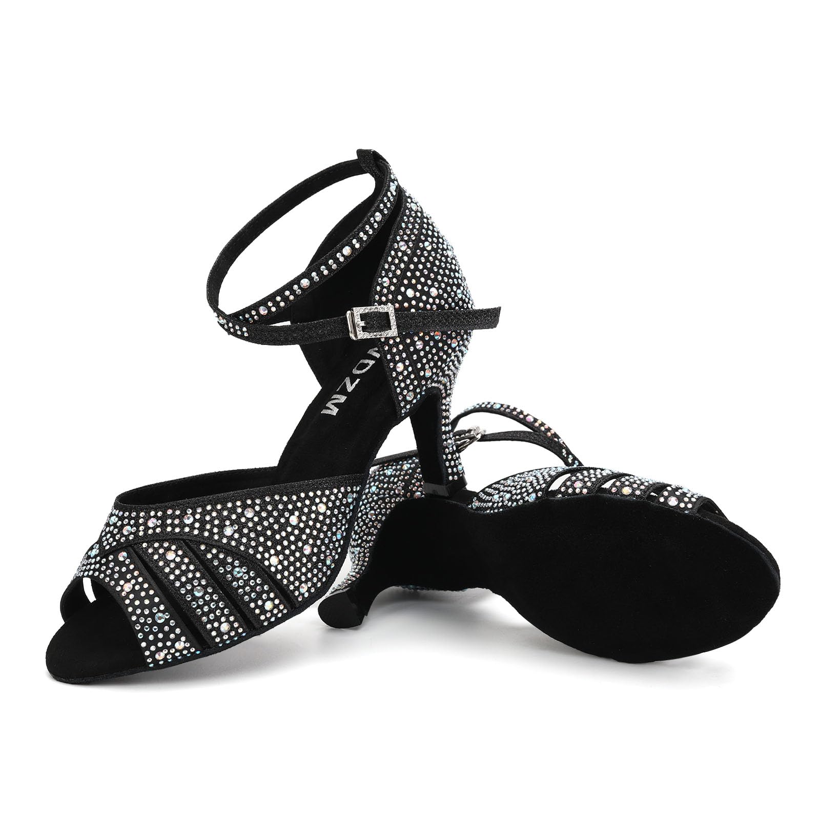 SWDZM Scarpe da Ballo Latino Donna Strass Salsa Bachata Prestazioni Professionale,Zwart,Hakhoogte 7cm,Suède zool,EU 39