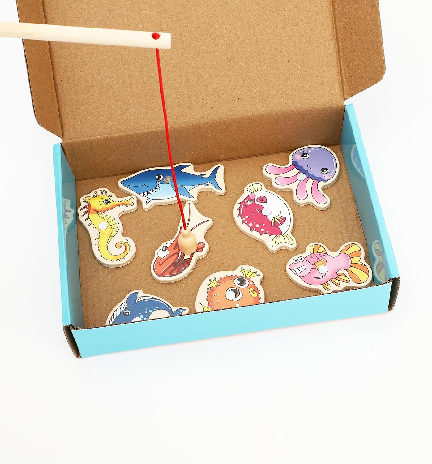 ONEST 34 Pieces Magnetic Fishing Game for Kids Wooden Magnet Fishing Game Wooden Magnetic Toys for Kindergarten Preschool Girl Boy