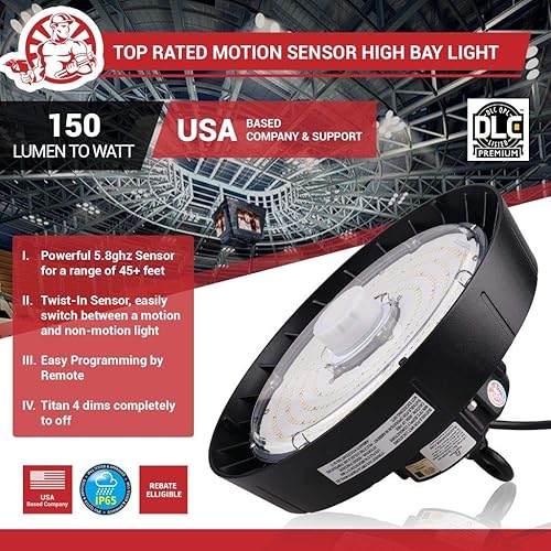 Miniatura 8 de Luz LED UFO de alta bahía con sensor de movimiento Titan 5 de 100 vatios, 14,900 lúmenes, potencia seleccionable, 5000 K, LED de alta bahía