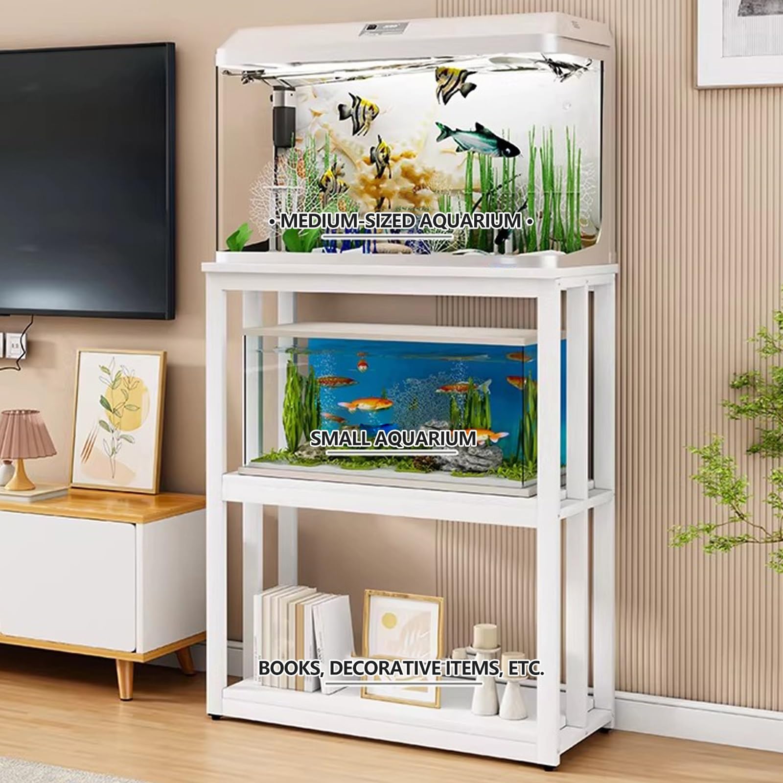 3-poziomowy stojak na akwarium, metalowy stojak do akwarium, z półką do przechowywania, otwartym terrarium i gadami, do domu i biura, stalowa rama, biały (61 x 30 x 120 cm)
