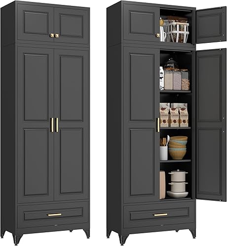 Miniatura 14 de Armario de despensa de cocina, gabinete de almacenamiento de metal de 75 pulgadas de alto con puertas y estantes, 4 pies de pie, armario para