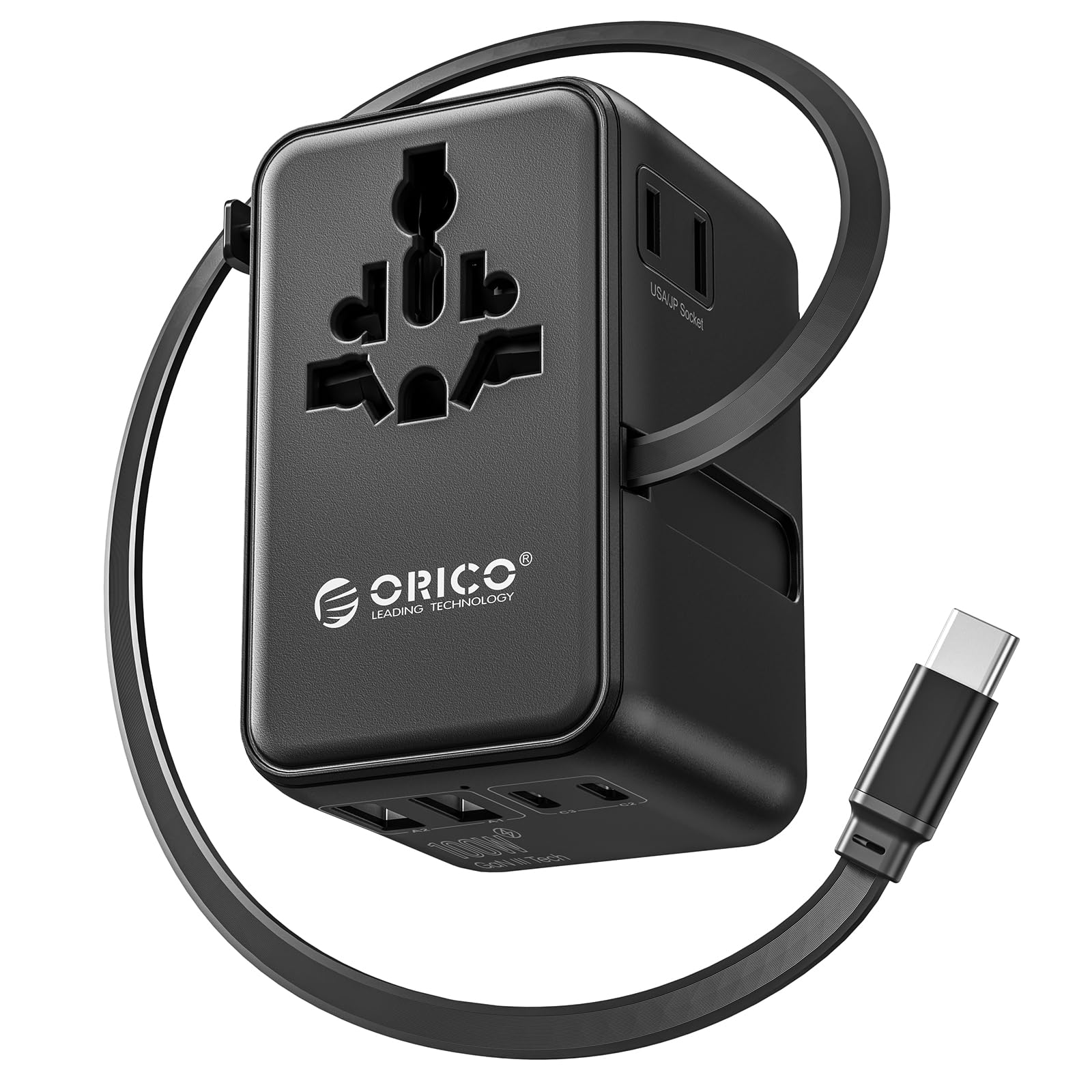 ORICO Uniwersalny adapter podróżny 100 W GaN International Power Adapter | 7 w 1 (2 AC, 3 USB-C, 2 USB-A) europejski adapter wtyczki podróżnej, wbudowany chowany kabel USB-C do UE UK AU 200+ krajów