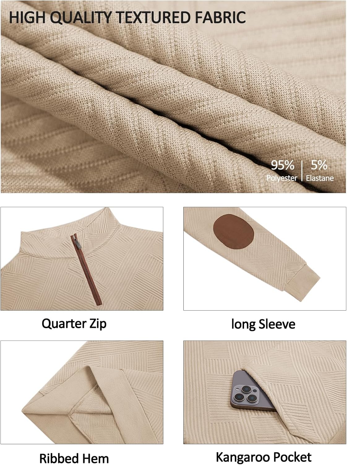 Yousify Mens Quarter Zip Sweatshirts Long Sleeve Stand Collar Casual Pullover Texture Fall Sweatshirt With Pocket - Image 5