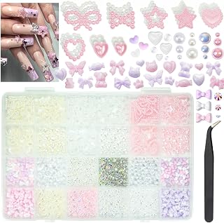 Pearls Nail Charms Light Pink Creamy White AB Flatback 3D Half Round Pearls Charms Purple Cute Hollow Heart Star Bear Bowknot Butterfly Candy Charms Nail Art Suppplies for Acrylic Nails Crafts