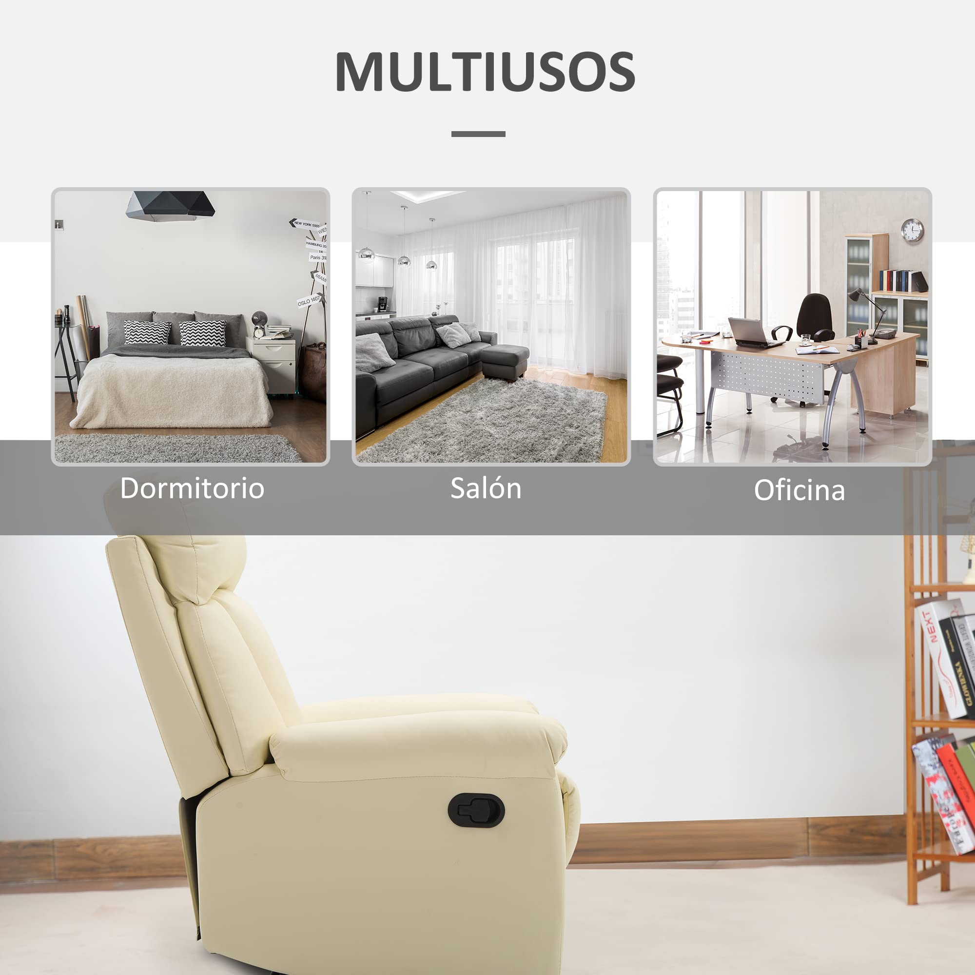HOMCOM Sillón Relax Reclinable 150° con Respaldo Alto 80x97x107 cm Blanco | Butaca de Salón， Tapizado en PU, Reposapiés Retráctil, Resposabrazos, para Dormitorio