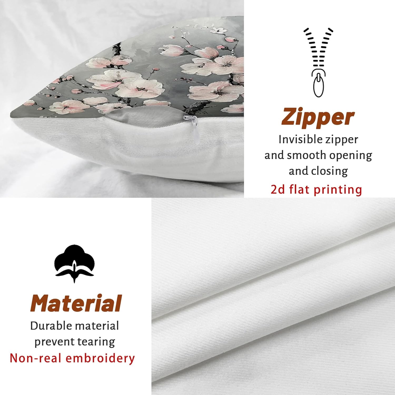 Spring Romantic Cherry Blossom Pillow Covers Set of 2, Grey Modern Elegant Japanese House Decorations Throw Pillow Cases, Decorative Floral Decor Cushion Covers for Home Sofa Bed Couch 28x28 Inch
