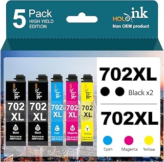 5 Pack 702XL New Upgraded Chips Ink Cartridges Replacement for Epson 702XL Ink Cartridge for Workforce Pro WF-3720 WF-3730 WF-3733 Printer