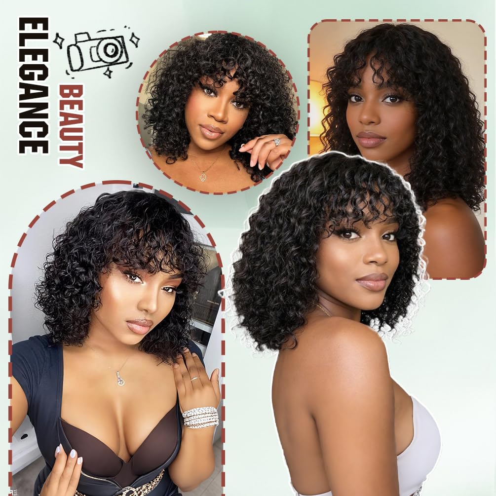 Curly Bang Wig Human Hair 12 Inch Deep Wave Bob Wig with Bangs 200 Density Virgin Brazilian Human Hair Glueless Short Curly Wigs for Black Women Natural Black