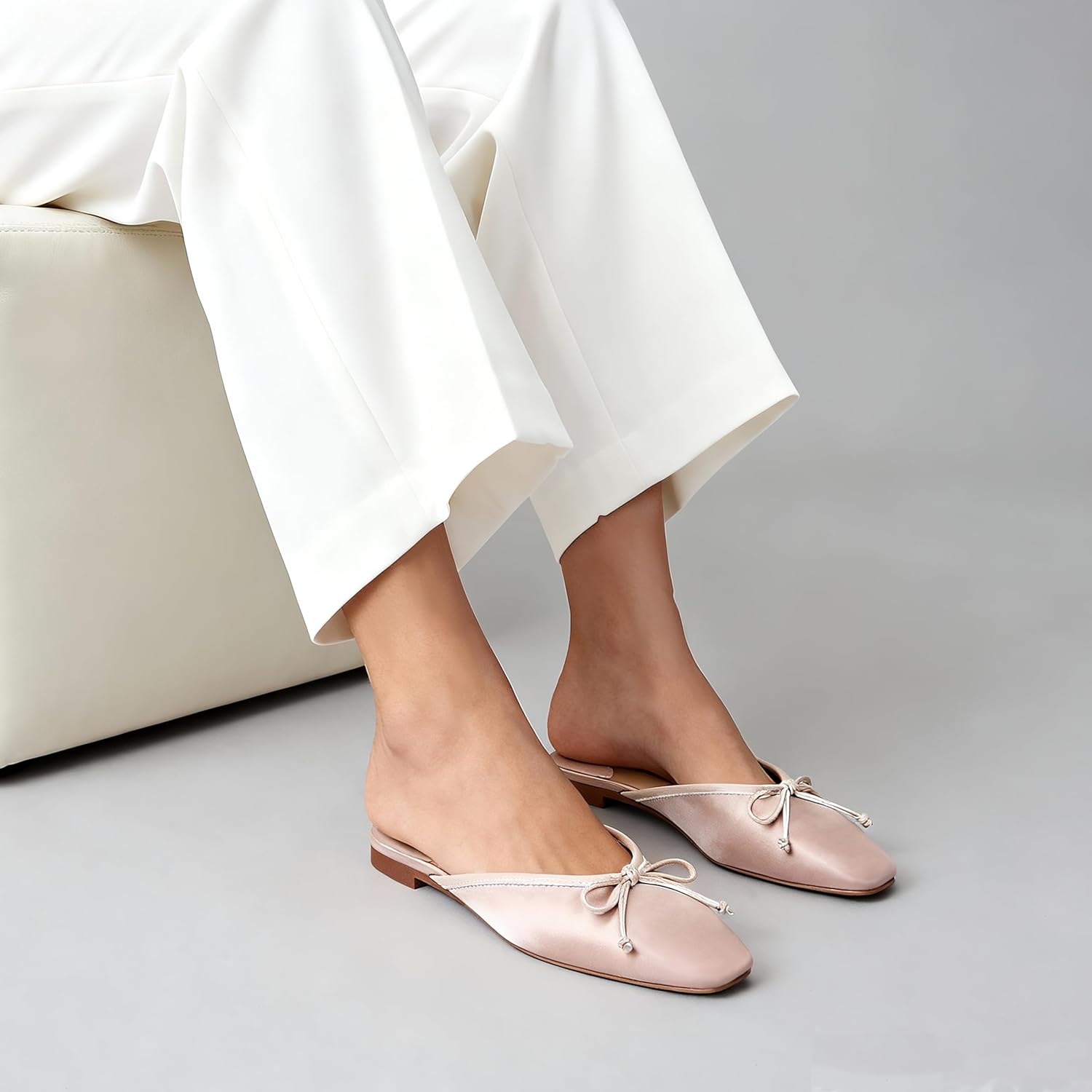 QIV Mule for Women Satin Square Toe Bow Flats Closed Toe Slip on Backless Loafers