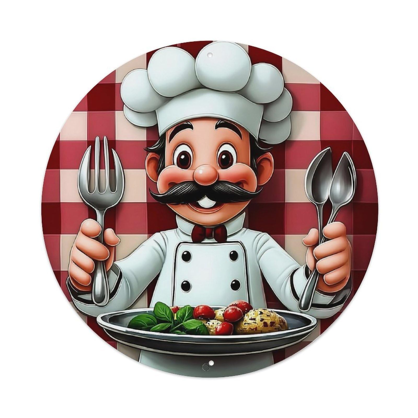 Chef Holding Utensils And Dish Round Tin Sign Retro Metal Sign for Cafe Bar Pub Home Game Room Gym Club Wall Decoration Vintage Metal Poster 8x8 Inch