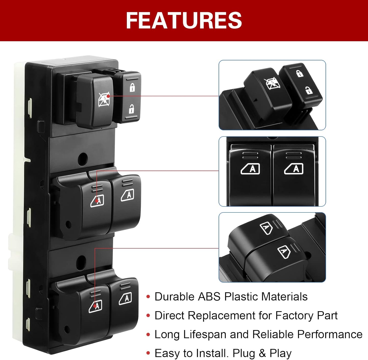 LCWRGS Master Power Window Switch Fits for 2009-2012 Nissan Maxima, 2007-2008 Infiniti G35, 2009-2013 Infiniti G37, 2011-2012 Infiniti G25, 2015 Infiniti Q40, 25401-9N00D, Front Left Driver Side