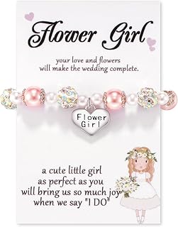 Rhinestone Bracelets for Girls - Flower Girls, Pink Pearl Heart Charm Bracelets for School, Graduation & Communion Gifts