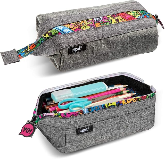 ZIPIT Lenny Pencil Case for Adults and Teens, Large Capacity Pouch, Sturdy Pen Organizer, Wide Opening with Secure Zipper Closure (Grey)