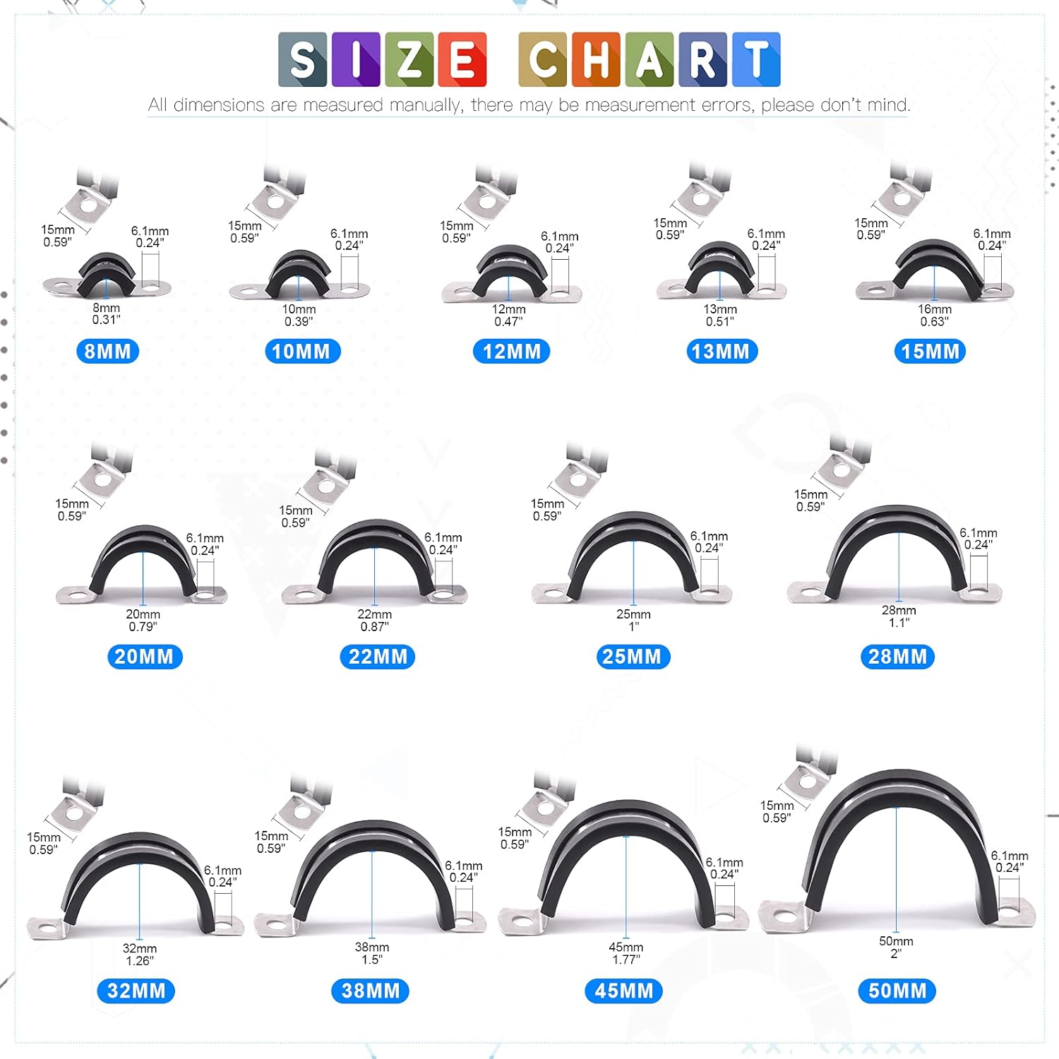 Glarks 16Pcs 8MM 2 Hole U-Tube Strap Clamp Set - 304 Stainless Steel With Rubber Cushion, Rigid Pipe U Bracket Assortment Kit for Fixing (8mm)