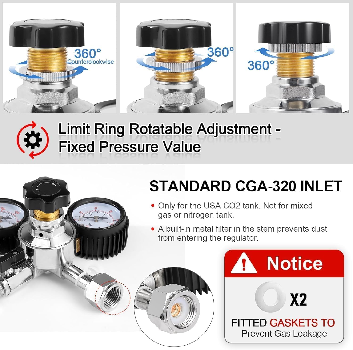 CO2 Regulator for Kegerator Beer Tower, 0-60psi Beer Keg Regulator 0-3000psi Co2 Tank Regulator CGA320 Thread, Draft Beer CO2 Gas Regulator with Relief Valve