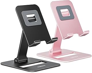 Nulaxy Pack of 2 Dual Foldable Mobile Phone Stands, Fully Adjustable Mobile Phone Holder for Desk, Compatible with Phone 16 15 14 13 12 11, All Mobile Phones, Black & Rose Gold