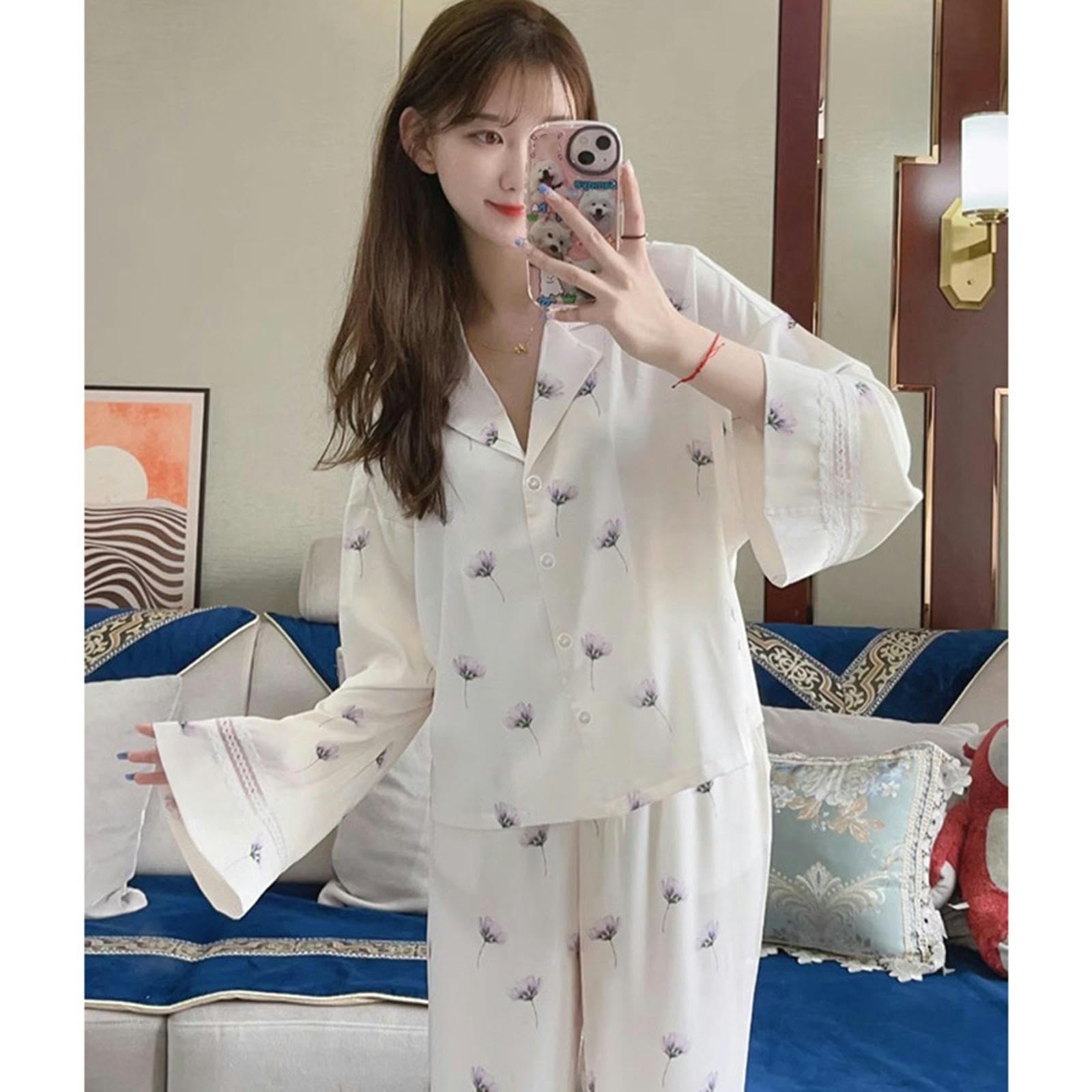 Pigiami da Donna Pigiama da Donna Primaverile E Autunnale, Cardigan in Raso, Manica Lunga, Fiore, Casual, alla Moda, Set di Vestiti per La Casa, Donna-a-m