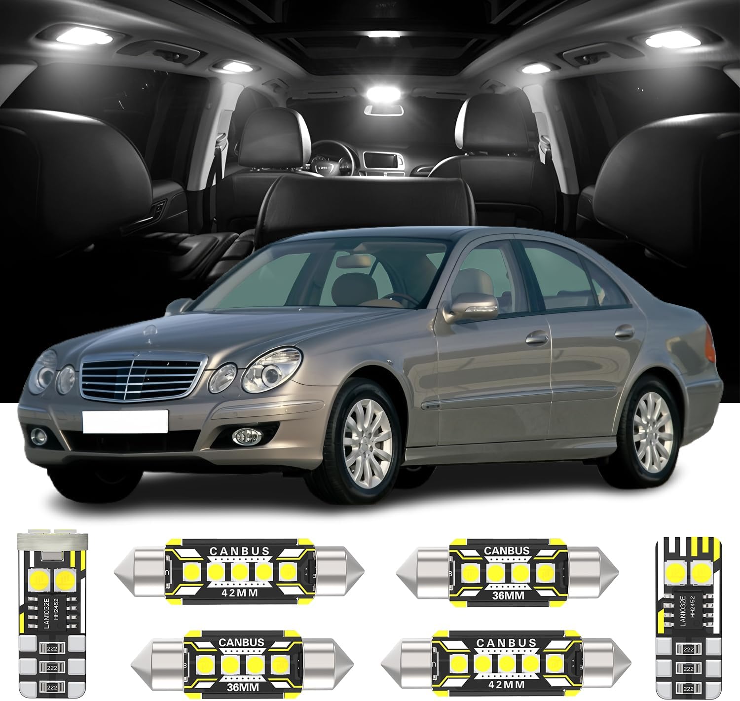 24 Pieces LED Interior Lights Kit Replacement for Mercedes Benz E-Class W211 S211 Sedan Wagon 2002 2003 2004 2005 2006 2007 2008 2009 White Interior LED Bulbs + License Plate Lights, Install Tool