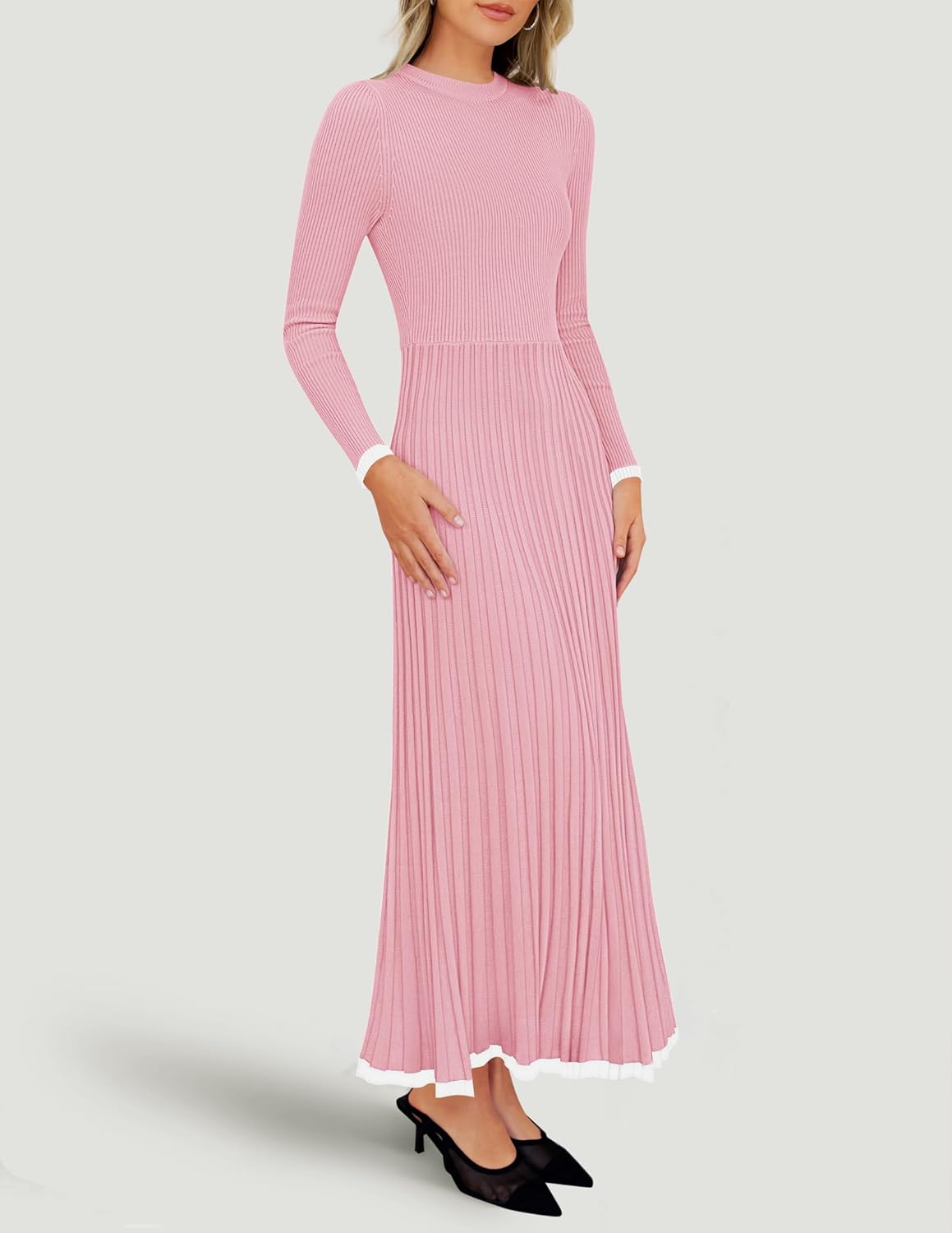 ZESICA Women's Long Sleeve Sweater Dress Fall 2026 Crewneck Ribbed Knit Pleated A-Line Maxi Wedding Guest Dresses - Image 6