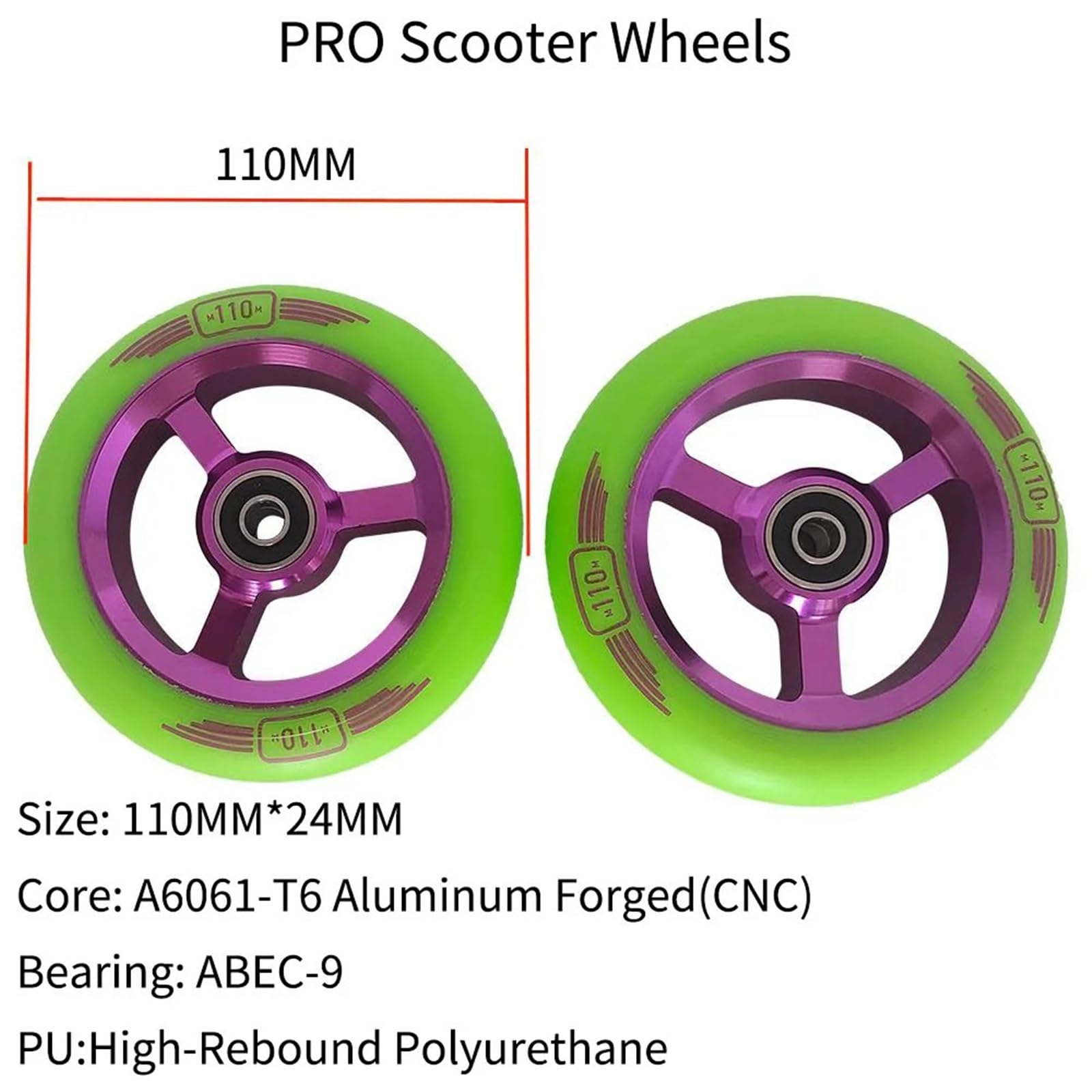 Pneu Trotinette Electrique,Roue Trottinette Electr Roues de Trottinette acrobatique 110 mm, 88A PU, roulements ABEC-9, Noyau en Aluminium, Accessoires, 2 pièces