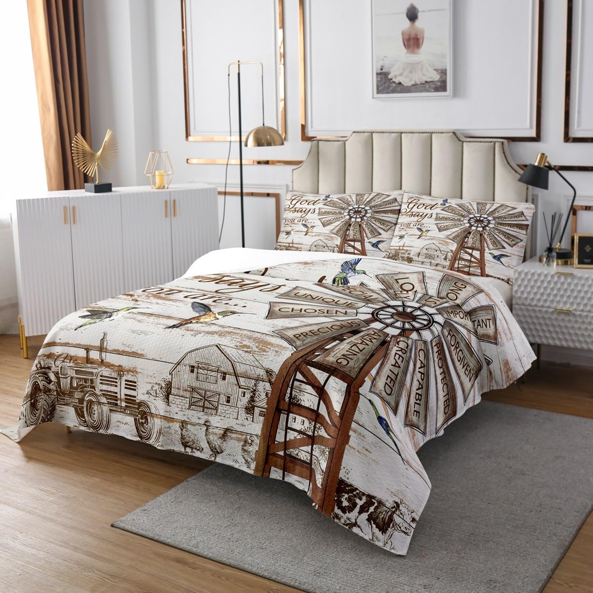 Rustic Windmill Farmhouse Quilt Set Queen Size,Hummingbird Farm Cow Coverlet Set Rooster Cabin Country Lodge Bedspread Set Windmill Decor Vintage Barn Door Wooden Plank Bedding Set, 2 Pillow Cases