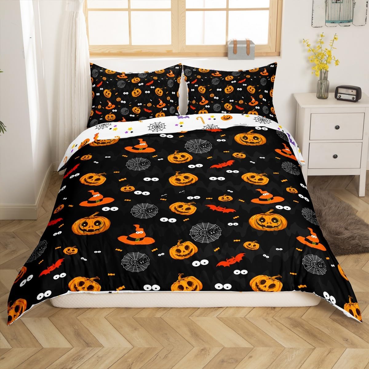 Halloween Bedding Sets Twin Size, Pumpkin Lantern Comforter Cover Spider Web Gothic Duvet Cover For Kids Boys Girls Women, Halloween Pumpkin Decor Bedspread Cover 2 Pieces With 1 Pillow Case, Black