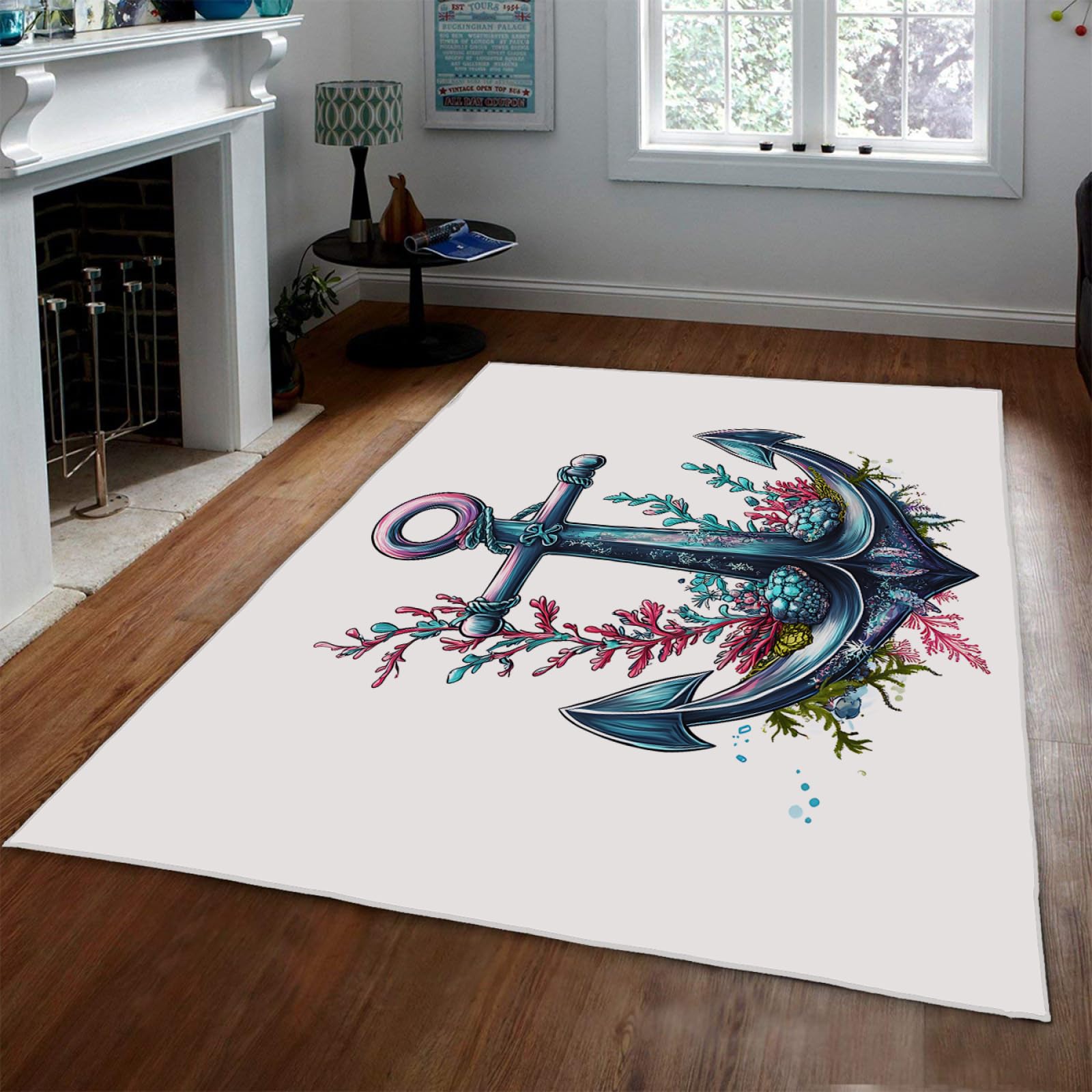 Tapis à thème nautique mince antidérapant lavable motif ancre