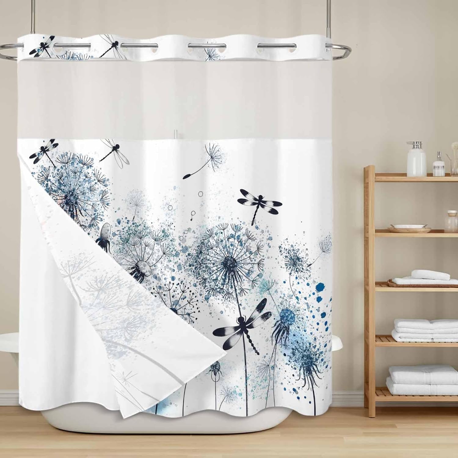 Blue Dandelion No Hook Shower Curtain with Snap in Liner, Dragonfly Flower Plant Watercolor Plant Waterproof Shower Curtains with See Through Top Window Liner for Bathroom, 72x72 Inches